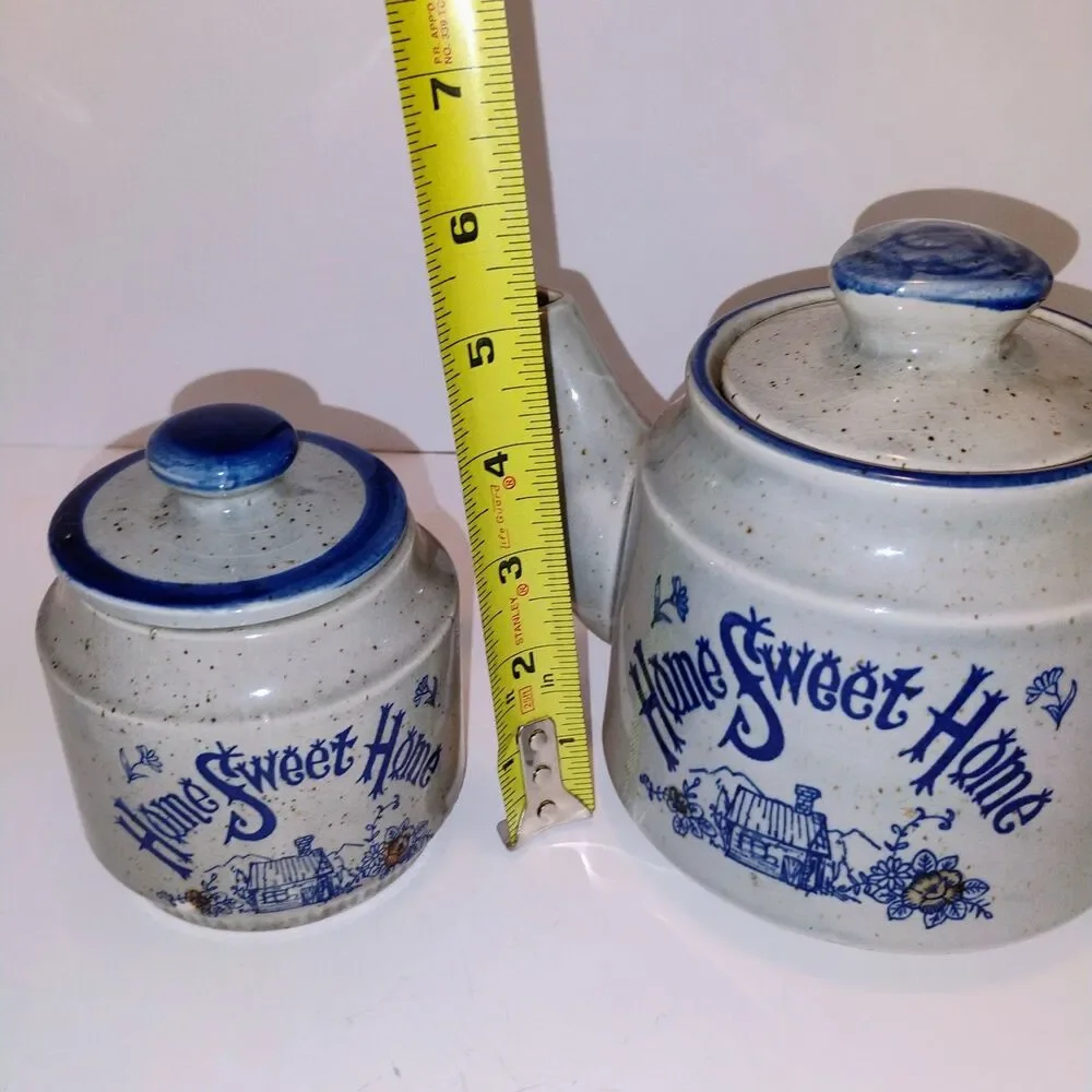 Vtg Home Sweet Home Teapot Sugar Bowl Set Stoneware Blue White Made in Japan